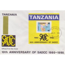 TANZÂNIA - 1990 - FDC - 10º ANIVERSÁRIO DA SADCC: CONFERÊNCIA PARA A COODERNAÇÃO E DESENVOLVIMENTO NA ÁFRICA DO SUL - MAPA DO SUL DA ÁFRICA - BLOCO SOBRE FDC - YT-BL-099