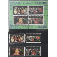 TANZÂNIA - 1987 - 317/320+BL52 - SÉRIE COM 4 SELOS + BLOCO -  REALEZA - ANIVERSÁRIO DA RAINHA ELIZABETH II