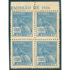 R-307- 1936/1940 - VOVÓ - FILIGRANA CORREIO BRASIL (N) - CORREINHO - 1000 RÉIS - MERCÚRIO E GLOBO - TURQUESA - QUADRA - NOVA - SEM GOMA - CHARNEIRA - RHM R$ 450,00 ( 90 UFs X R$ 5,00)