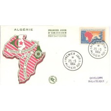 ALGERIA - 1964 - FDC - DIA DA ÁFRICA E ANIVERSÁRIO DA CONFERÊNCIA DE ADDIS-ABEBA-MAPA DA ÁFRICA 0,45 COLORIDO SOBRE FDC ILUSTRADO - Y 0386