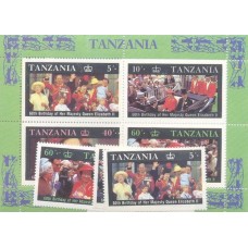 TANZÂNIA - 1987 - 60 ANOS DA RAINHA ELISABETH II - SÉRIE 4 SELOS + BLOCO - MINT - Y 317/20 + BL-52