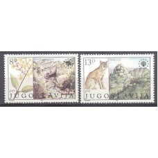 YUGOSLÁVIA - ANO 2013 - Y1794/1795 (1981)-ECOLOGIA/FAUNA/FLORA/ANEXO DO TEMA EUROPA: PROTEÇÃO DO MEIO AMBIENTE EMBLEMA DO INSTITUTO EUROPEU, FLOR E REGATO RUGOVO E LINCE SÉRIE COM 2 SELOS MINT