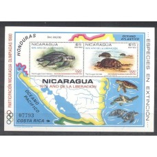 NICARAGUA - AEREO BLOCO - (1980) FAUNA/ ESPORTE: BLOCO NÃO CATALOGADO PELO YVERT - TARTARUGAS AQUÁTICAS EM VIAS DE DESAPARECER - BLOCO MINT