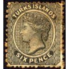 TURKS CAICOS - Y 2 (1873-79) - EFÍGIE DA RAINHA VICTORIA 6p CINZA ESCURO - NOVO SEM GOMA COM UM POUQUINHO DE FERRUGEM