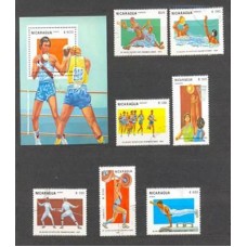 NICARÁGUA - Y 1271/75+AE +BL DO ANO 1983-IX JOGOS PANAMERICANOS : BOXE- GINÁSTICA NO CAVALO COM ALÇA -ESGRIMA- HALTROFILISMO- BASQUETE- MARATONA- POLO AQUÁTICO-BASEBALL -SÉRIE 7 SELOS E BLOCO USADOS